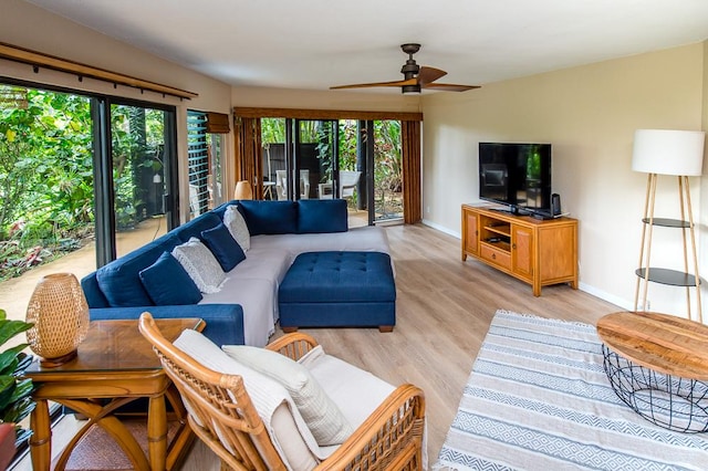 3920 Wyllie Rd Unit 9A, Princeville, HI 96722 - living area with ceiling fan, baseboards, and light wood-style floors