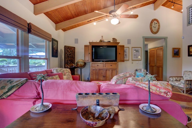 4446 Aku Rd, Hanalei, HI 96714 - living room with a ceiling fan, wood finished floors, wood ceiling with exposed beams, and high vaulted ceiling