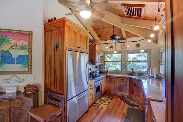 4446 Aku Rd, Hanalei, HI 96714 - kitchen featuring appliances with stainless steel finishes, ceiling fan, a sink, wooden ceiling, and light wood-style flooring