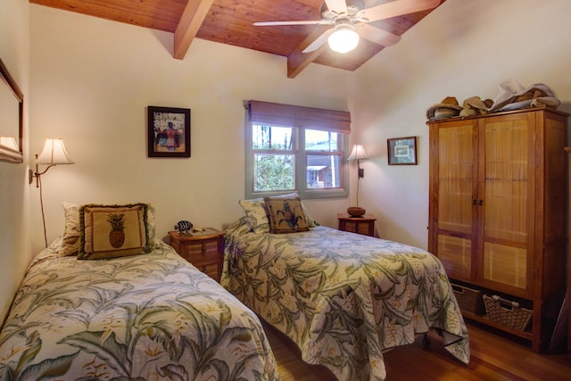 4446 Aku Rd, Hanalei, HI 96714 - bedroom with wood finished floors, wood ceiling with exposed beams, and a ceiling fan