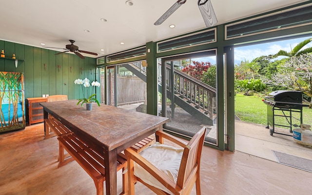 4446 Aku Rd, Hanalei, HI 96714 - dining room with concrete floors, a ceiling fan, and recessed lighting