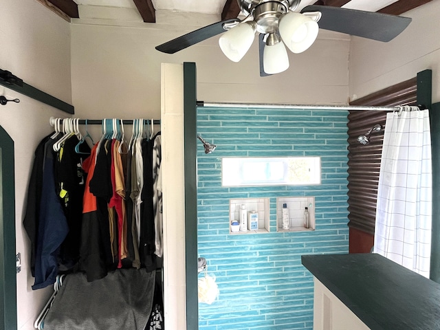 16-2000 Moho Rd, Mountain View, HI 96760 - full bathroom with a ceiling fan, a shower with curtain, and beamed ceiling