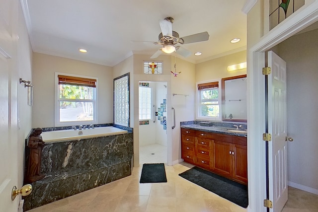 82-5957 Wakida Dr, Captain Cook, HI 96704 - bathroom with healthy amount of natural light, a garden tub, vanity, a walk in shower, and recessed lighting