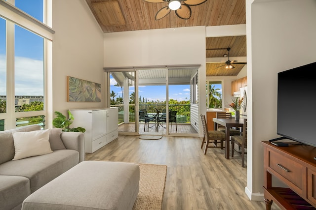 3811 Edward Rd Unit 2310, Princeville, HI 96722 - living room with ceiling fan, wooden ceiling with exposed beams, healthy amount of natural light, high vaulted ceiling, and light wood-style floors