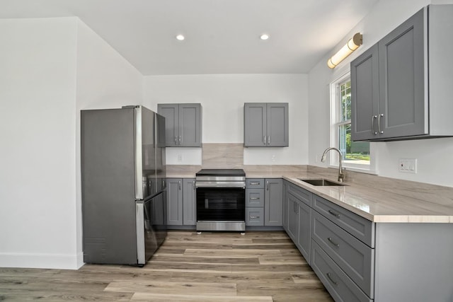 1264-D Crossley Rd, Kapaa, HI 96746 - kitchen featuring appliances with stainless steel finishes, a sink, gray cabinetry, light wood-style floors, and recessed lighting