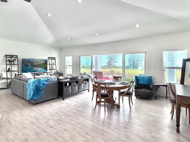 94-5774 Kalakau St, Naalehu, HI 96772 - dining space featuring lofted ceiling, light wood finished floors, and recessed lighting