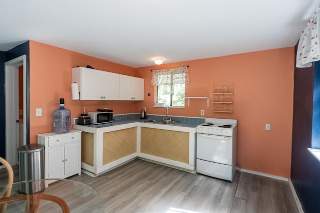 15-2024 19th Ave, Keaau, HI 96749 - kitchen with electric stove, a sink, light wood-type flooring, and white cabinets