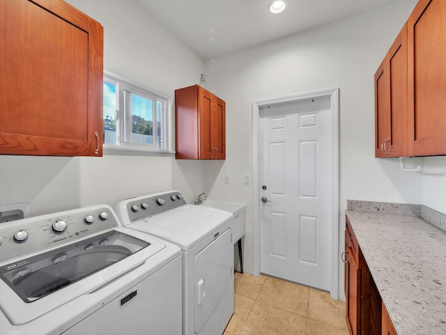 64-721 Keaka Kea Pl, Kamuela, HI 96743 - laundry area featuring cabinet space, washer and dryer, light tile patterned floors, and recessed lighting