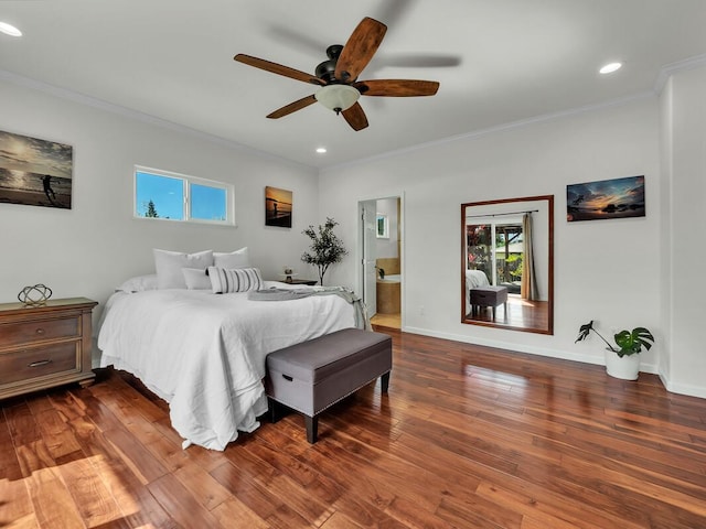64-721 Keaka Kea Pl, Kamuela, HI 96743 - bedroom featuring multiple windows, crown molding, recessed lighting, dark wood-style floors, and baseboards