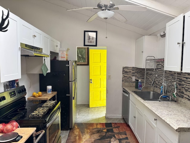 14-810 Cholet Cir, Pahoa, HI 96778 - kitchen with stainless steel appliances, under cabinet range hood, a sink, decorative backsplash, and ceiling fan