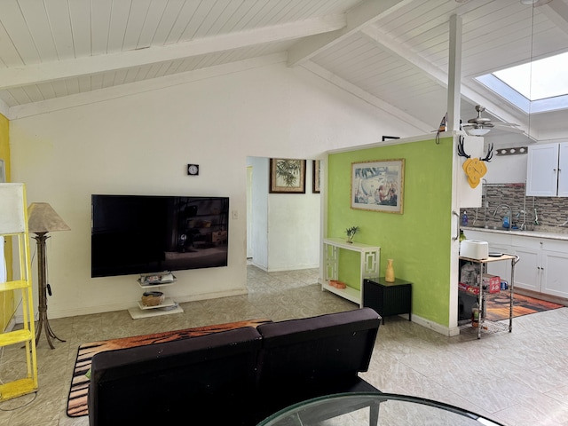 14-810 Cholet Cir, Pahoa, HI 96778 - living room featuring a skylight, wooden ceiling with exposed beams, and high vaulted ceiling