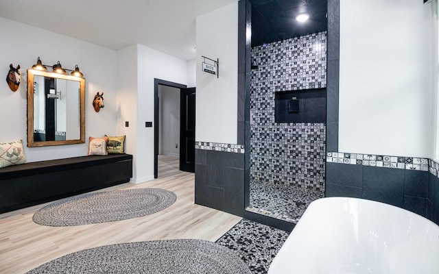 15-1462 13th Ave, Keaau, HI 96749 - bathroom with a freestanding bath, tile walls, a tile shower, and wood finished floors