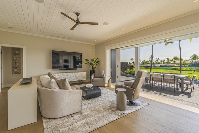 73-4780 Hinahina Rd Unit 24, Kailua-Kona, HI 96740 - living room with a ceiling fan, healthy amount of natural light, wooden ceiling, crown molding, and wood finished floors