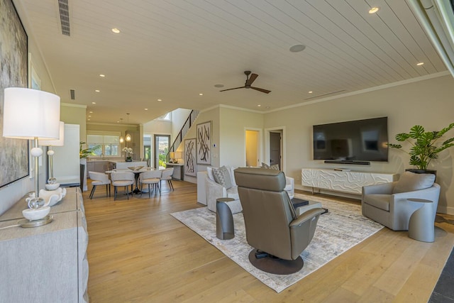 73-4780 Hinahina Rd Unit 24, Kailua-Kona, HI 96740 - living room featuring light wood-style flooring, recessed lighting, crown molding, wooden ceiling, and a ceiling fan