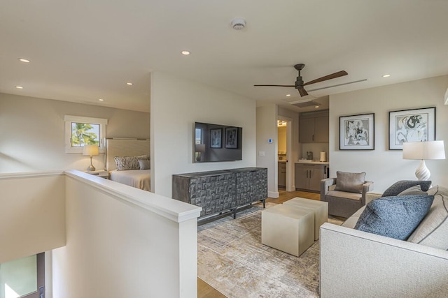 73-4780 Hinahina Rd Unit 24, Kailua-Kona, HI 96740 - living area featuring wood finished floors, a ceiling fan, and recessed lighting