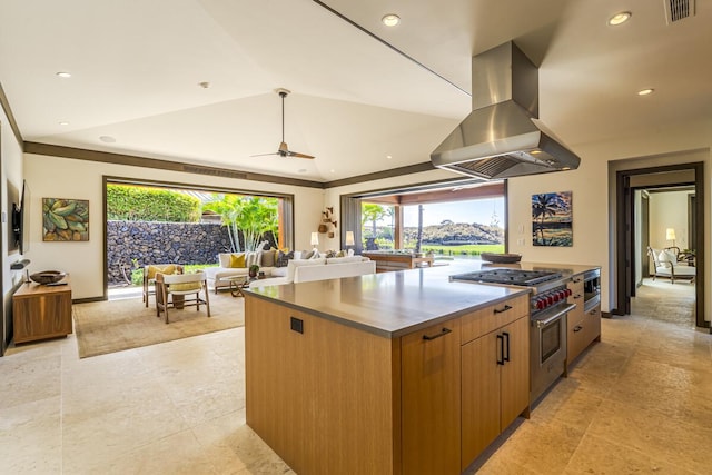 73-6250 Alani Loop Unit 12, Kailua-Kona, HI 96740 - kitchen with exhaust hood, high end stainless steel range, open floor plan, a large island, and plenty of natural light