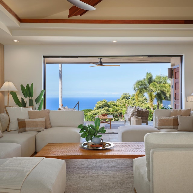 81-6641 Auamo Pl, Kealakekua, HI 96750 - living area featuring a ceiling fan, a water view, recessed lighting, and beamed ceiling