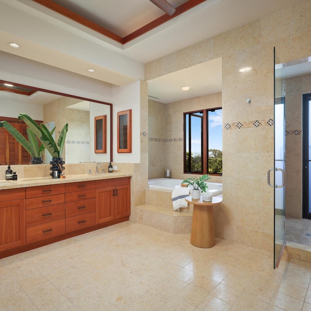 81-6641 Auamo Pl, Kealakekua, HI 96750 - full bath with double vanity, a bath, a stall shower, tile patterned flooring, and recessed lighting