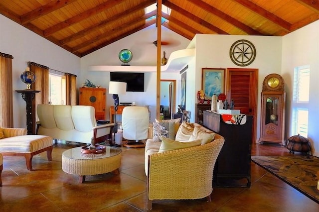 15-1050 Kiawe Rd, Keaau, HI 96749 - living area with wood ceiling with exposed beams, high vaulted ceiling, and concrete floors