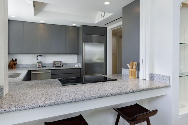 68-1375 Pauoa Rd Unit J2, Kamuela, HI 96743 - kitchen with appliances with stainless steel finishes, a tray ceiling, gray cabinets, a peninsula, and a kitchen breakfast bar