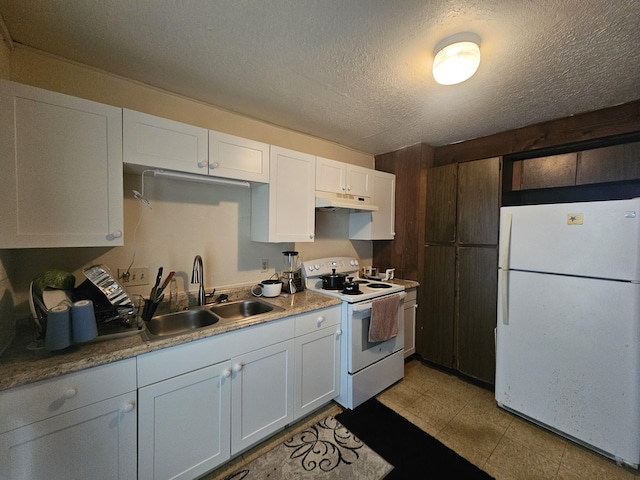 322 Ohai St Unit 2, Hilo, HI 96720 - kitchen featuring white appliances, a sink, under cabinet range hood, white cabinetry, and a textured ceiling