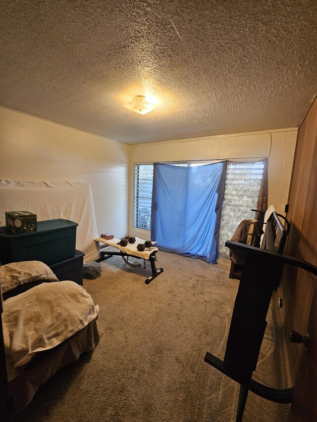 322 Ohai St Unit 2, Hilo, HI 96720 - carpeted bedroom featuring a textured ceiling and concrete block wall