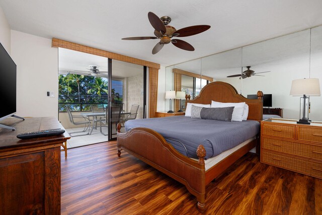 76-6225 Alii Dr Unit 105, Kailua-Kona, HI 96740 - bedroom with access to exterior, wood finished floors, multiple windows, and ceiling fan