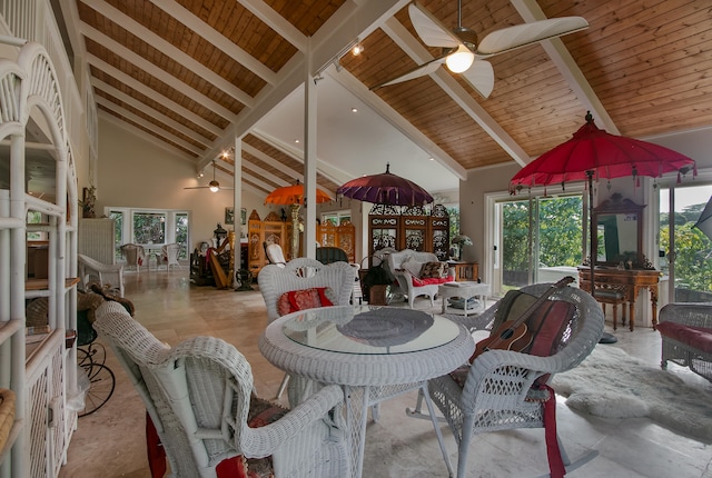 5841 Haaheo St, Kapaa, HI 96746 - dining space featuring a ceiling fan, high vaulted ceiling, and wooden ceiling with exposed beams