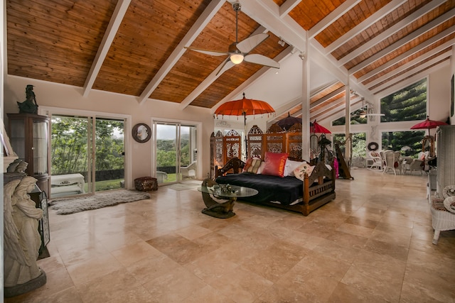 5841 Haaheo St, Kapaa, HI 96746 - living room featuring wood ceiling with exposed beams, high vaulted ceiling, ceiling fan, and plenty of natural light