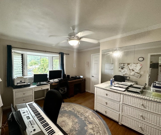 5841 Haaheo St, Kapaa, HI 96746 - office space featuring a ceiling fan, dark wood-style flooring, a textured ceiling, and crown molding