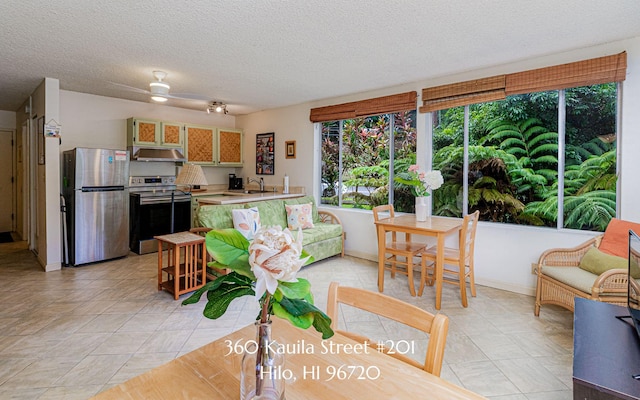 360 Kauila St Unit 201, Hilo, HI 96720 - living area with a textured ceiling, baseboards, ceiling fan, and light tile patterned flooring