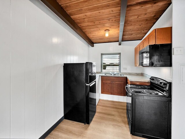 307 Lehua St Unit 22, Hilo, HI 96720 - kitchen with black appliances, light wood finished floors, brown cabinets, wooden ceiling, and light countertops