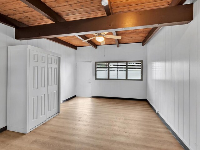 307 Lehua St Unit 22, Hilo, HI 96720 - empty room with wood ceiling with exposed beams, light wood-type flooring, a ceiling fan, and wood walls