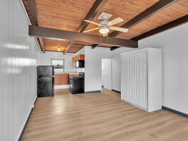 307 Lehua St Unit 22, Hilo, HI 96720 - kitchen featuring black appliances, light wood finished floors, ceiling fan, wood ceiling with exposed beams, and baseboards