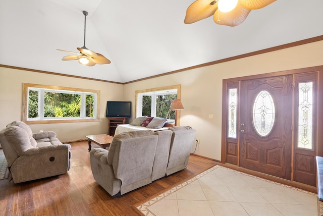 16-1700 34th Ave, Keaau, HI 96749 - living area with ceiling fan, light wood-style flooring, high vaulted ceiling, and baseboards