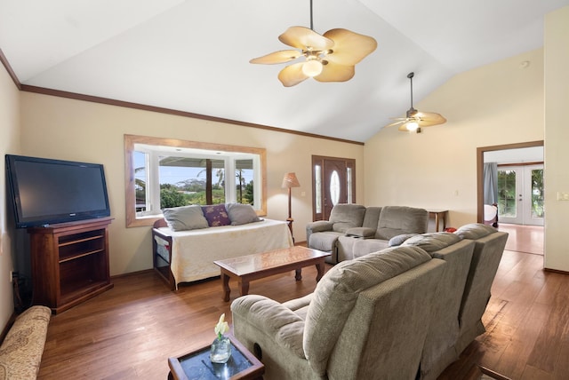 16-1700 34th Ave, Keaau, HI 96749 - living room with vaulted ceiling, ceiling fan, wood finished floors, crown molding, and french doors