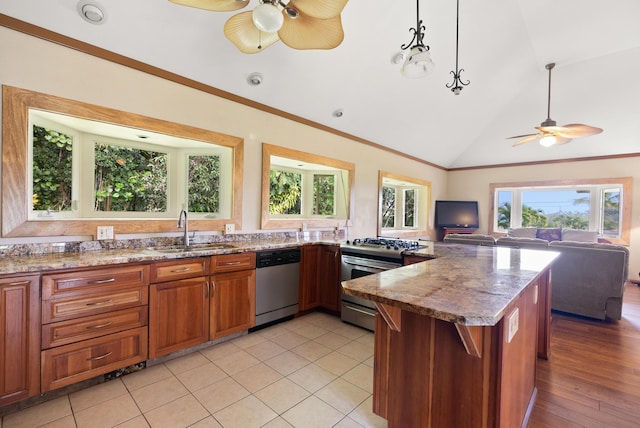 16-1700 34th Ave, Keaau, HI 96749 - kitchen with appliances with stainless steel finishes, a sink, a ceiling fan, brown cabinets, and open floor plan