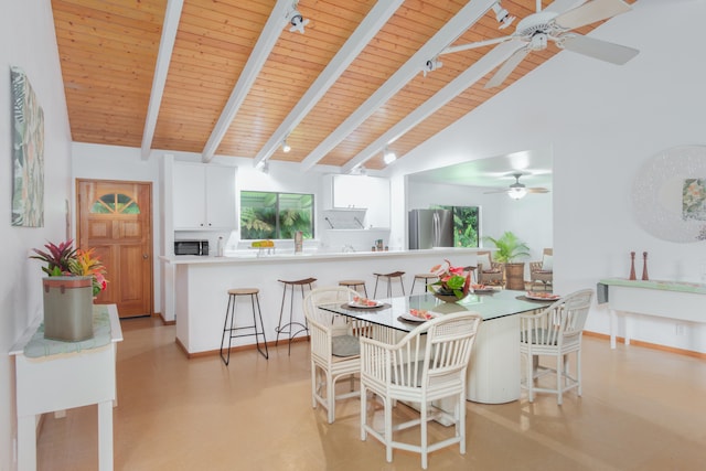 13-3638 Kumakahi St, Pahoa, HI 96778 - dining room featuring a ceiling fan, wooden ceiling with exposed beams, and high vaulted ceiling