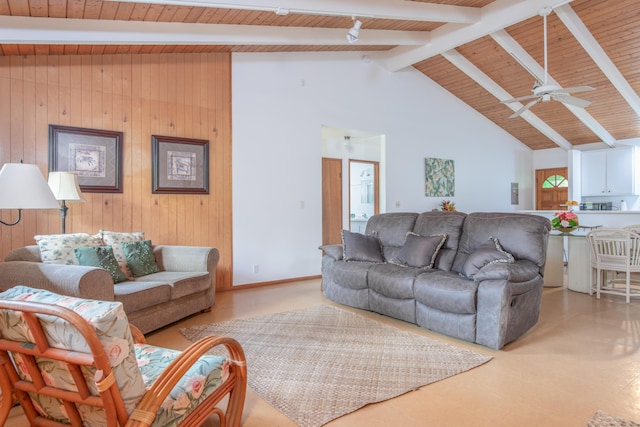 13-3638 Kumakahi St, Pahoa, HI 96778 - living room featuring wooden ceiling with exposed beams, a ceiling fan, wood walls, and high vaulted ceiling