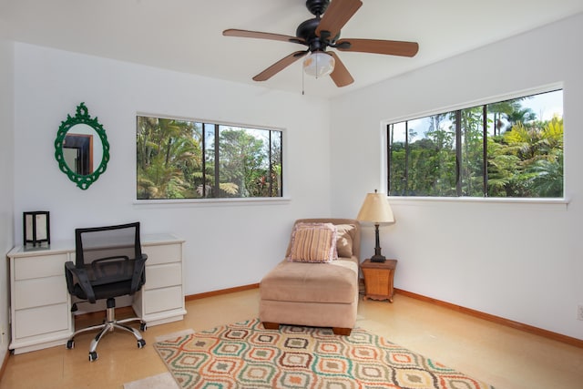 13-3638 Kumakahi St, Pahoa, HI 96778 - office area featuring baseboards, a ceiling fan, and light floors