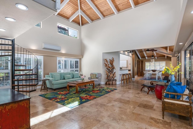 78-6881 Keaupuni St, Kailua-Kona, HI 96740 - lobby featuring wood ceiling with exposed beams, high vaulted ceiling, recessed lighting, and stairway