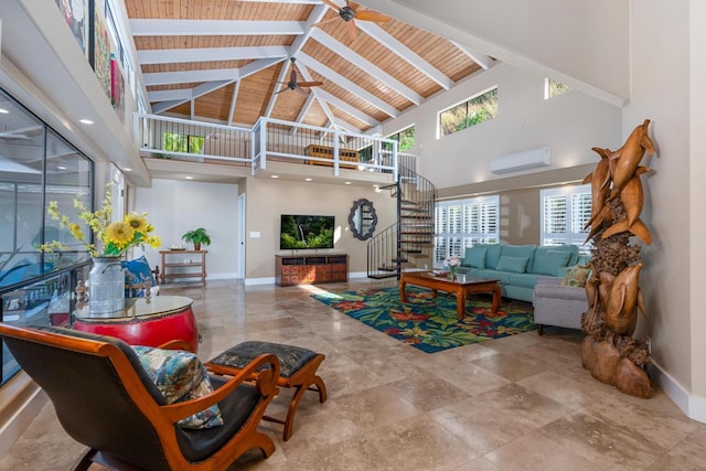 78-6881 Keaupuni St, Kailua-Kona, HI 96740 - living area with high vaulted ceiling, baseboards, stairs, wooden ceiling with exposed beams, and ceiling fan