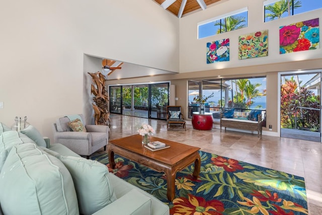 78-6881 Keaupuni St, Kailua-Kona, HI 96740 - living room with high vaulted ceiling and wood ceiling with exposed beams
