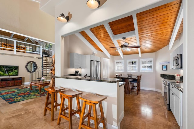 78-6881 Keaupuni St, Kailua-Kona, HI 96740 - kitchen featuring appliances with stainless steel finishes, wooden ceiling, dark countertops, a breakfast bar, and a peninsula