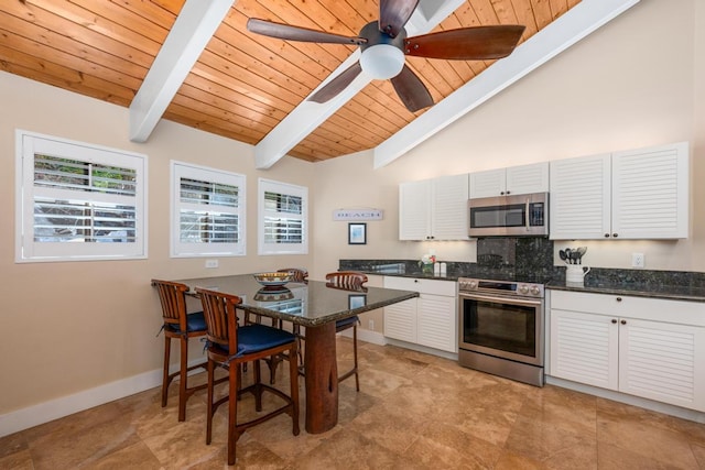 78-6881 Keaupuni St, Kailua-Kona, HI 96740 - kitchen featuring appliances with stainless steel finishes, wooden ceiling, plenty of natural light, baseboards, and ceiling fan