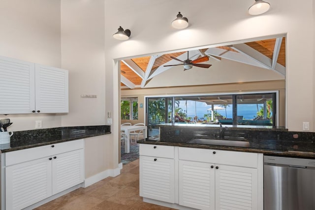 78-6881 Keaupuni St, Kailua-Kona, HI 96740 - kitchen with dishwasher, a sink, a ceiling fan, lofted ceiling, and white cabinets