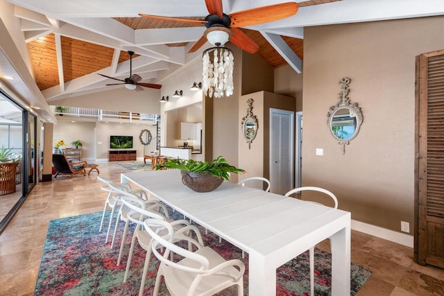 78-6881 Keaupuni St, Kailua-Kona, HI 96740 - dining area featuring wood ceiling with exposed beams, ceiling fan, high vaulted ceiling, and baseboards