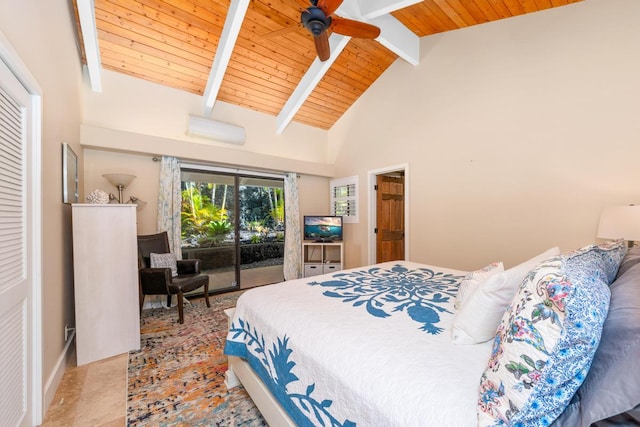 78-6881 Keaupuni St, Kailua-Kona, HI 96740 - bedroom featuring access to exterior, wood ceiling with exposed beams, high vaulted ceiling, and ceiling fan
