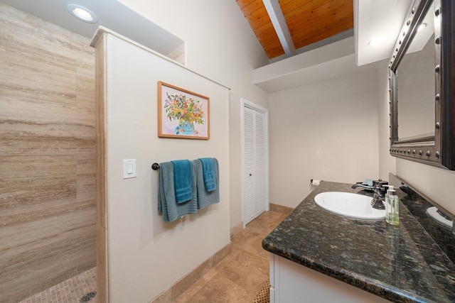 78-6881 Keaupuni St, Kailua-Kona, HI 96740 - full bath with vanity, wooden ceiling with exposed beams, tiled shower, recessed lighting, and tile patterned flooring