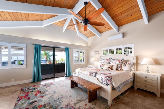78-6881 Keaupuni St, Kailua-Kona, HI 96740 - bedroom featuring access to exterior, a wall mounted air conditioner, wooden ceiling with exposed beams, tile patterned floors, and baseboards